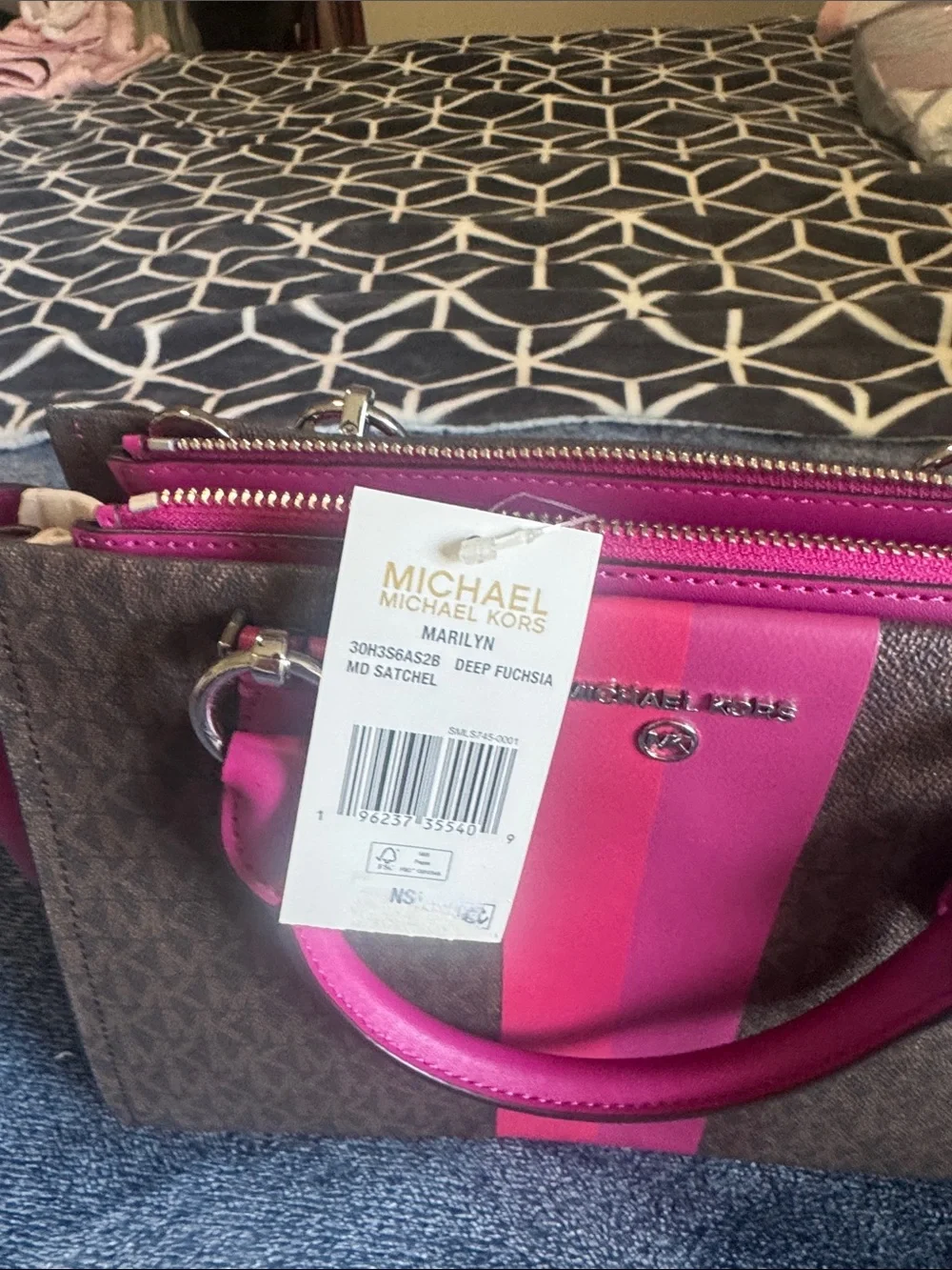 Michael Kors Brown & Hot Pink Signature Stripe Satchel - Picture 2 of 8